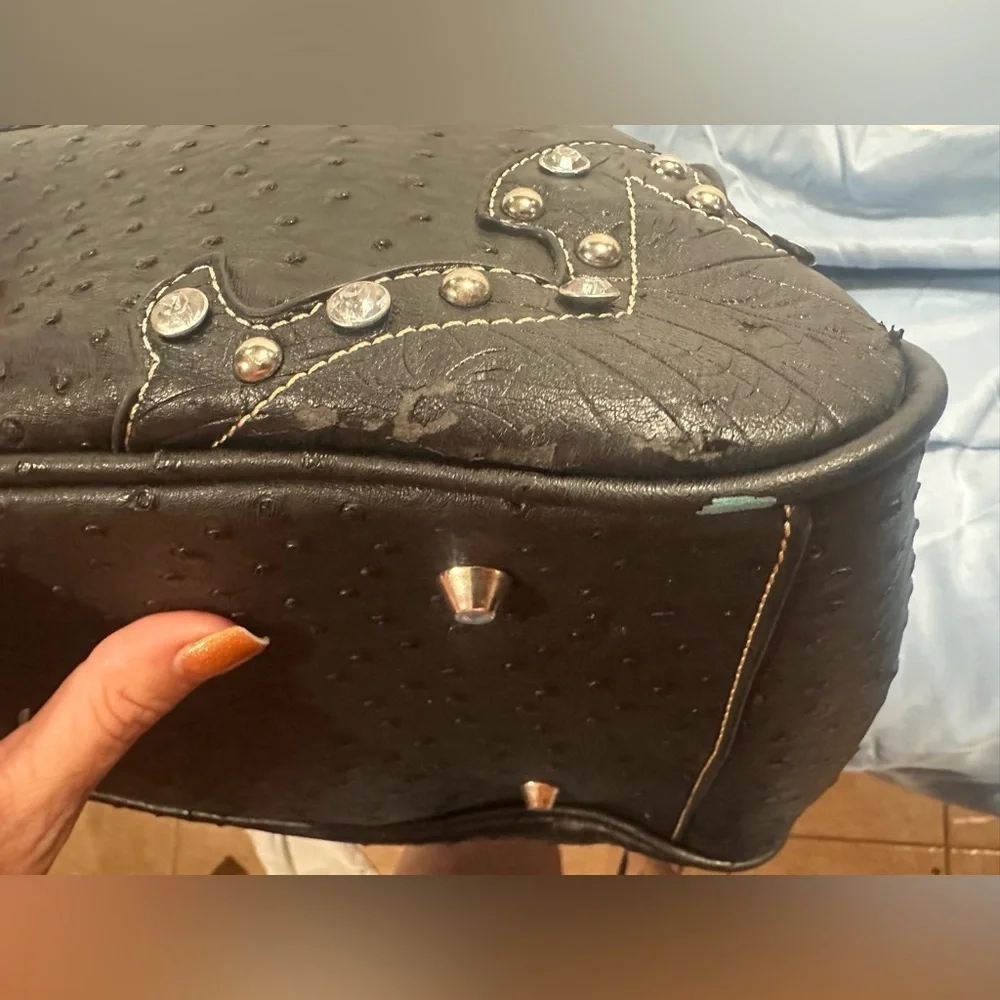 Montana West Black Ostrich Embossed Satchel Rhinestone Studded Western Purse